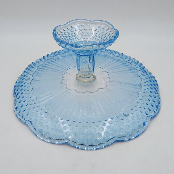 Gorham Emily's Attic Blue Hobnail Cake Plate Stand 11 Inch Scalloped Rim Box - Picture 5 of 8